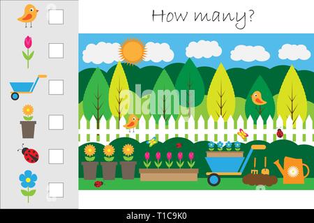 How many counting game with garden picture for kids, educational maths task for the development of logical thinking, preschool worksheet activity Stock Vector