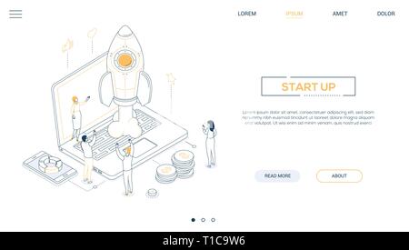 Startup - isometric line design style web banner Stock Vector