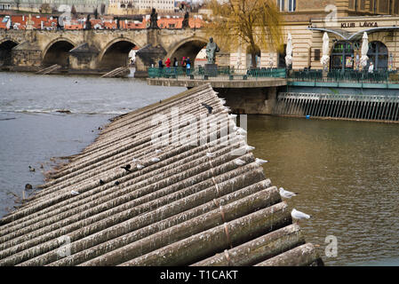 Prague, Czech Republic - March 04, 2019: Dam on the Vltava River Stock Photo