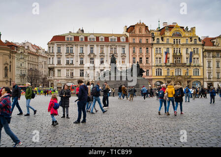 Prague, Czech Republic - March 04, 2019: In the center of Old Town Square is a bronze monument in the Art Nouveau style, the national hero of the Czec Stock Photo