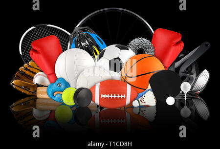huge collection stack of sport balls gear equipment from various sports concept on dark black background Stock Photo