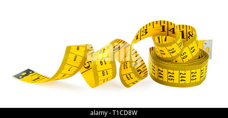 yellow isolated metric measuring tape on white panorama background Stock Photo