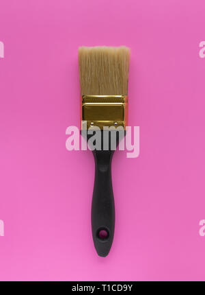 Paint brush with a black handle on a pink background. The concept of minimalism. View from above Stock Photo