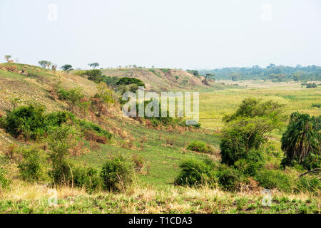 Lush green landscape of Ishasha Sector of Queen Elizabeth National Park in South West Uganda, East Africa Stock Photo