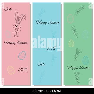 Gentle set of discount coupons with cute contour black rabbits. Green, pink and blue colors. Flags, certificates, flyers or banners in cartoon style.  Stock Vector