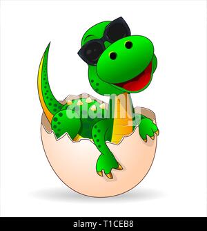 Small green dinosaur who just hatched from the egg. Cute dinosaur-baby in sunglasses. Stock Vector