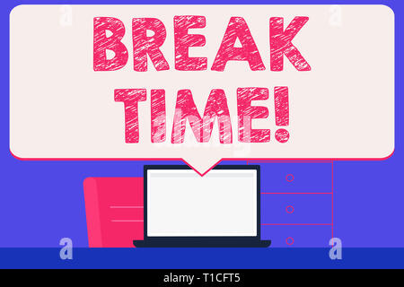 Text sign showing Break Time. Business photo showcasing scheduled time when workers stop working for brief period Blank Huge Speech Bubble Pointing to Stock Photo