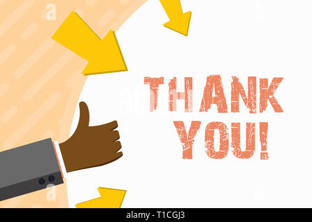 Word writing text Thank You. Business photo showcasing polite expression used when acknowledging gift service compliment Hand Gesturing Thumbs Up and  Stock Photo