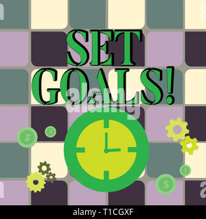 Writing note showing Set Goals. Business concept for process of identifying something that you want to accomplish Time Management Icons of Clock, Cog  Stock Photo