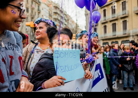 Barcelona, Spain - 8 march 2019:  african women rally in the city center during woman's day for better human rights for women and feminism Stock Photo