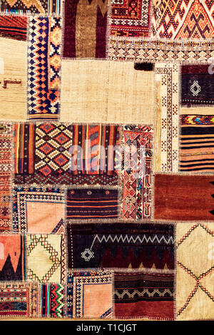 Turkish carpet patchwork handmade. Patchwork pattern, texture background. Stock Photo