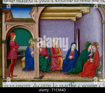 Cristoforo de Predis (1440-1486). Italian miniaturist. Miniature depicting Martha going to meet Jesus and he said: your brother is risen. Codex of Predis, 1476. Royal Library. Turin. Italy. Stock Photo
