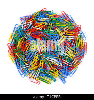 Pile of colored paper clips on isolated white background. Close up view. Stock Photo