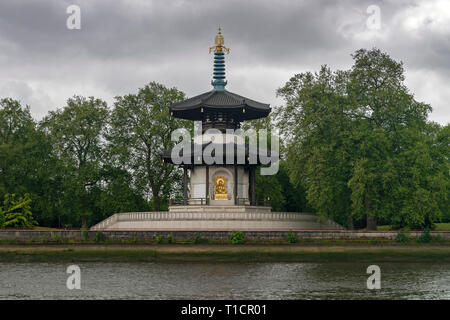 Peace Pagoda at Battersea Park viewed from the river Thames. Stock Photo
