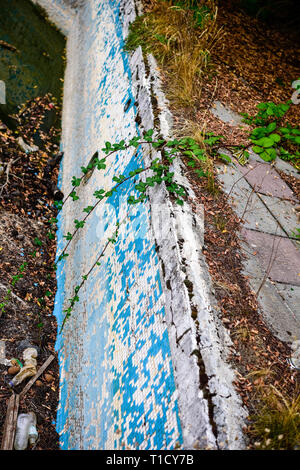 Broken blue azure  retro tiles mosaic in abandoned pool - Berengaria Hotel, Cyprus Stock Photo