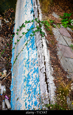 Broken blue azure  retro tiles mosaic in abandoned pool - Berengaria Hotel, Cyprus Stock Photo
