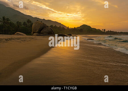 A receding wave at sunset along a Caribbean Sea beach inside Tayrona national park with the tropical rainforest in the background, Colombia. Stock Photo
