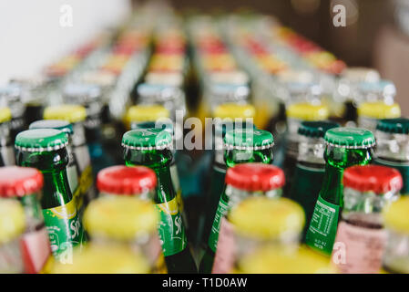 Valencia, Spain - March 2, 2019: Group of lined bottles of Sprite soft drinks. Stock Photo