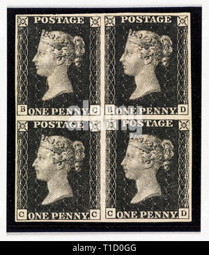 Penny Black postage stamps of Queen Victoria, issued May 6, 1840 Stock Photo