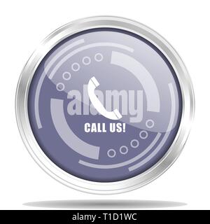 Call us silver metallic chrome border round web icon, vector illustration for webdesign and mobile applications isolated on white background Stock Vector