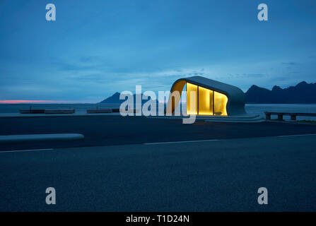 The wave shaped concrete and glass architecture of Ureddplassen rest area on the Helgelandskysten Norwegian Scenic Route Nordland Norway Stock Photo