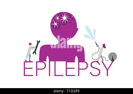 Epilepsy word concept flat vector banner. Tiny people cure brain disease metaphor. Mechanic, firefighter repair neurons. Human silhouette with wheels and sparks in head. Neural system disorder poster Stock Vector