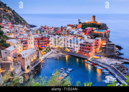 Vernazza, Cinque Terre .Vernazza village at twilight on the Cinque Terre coast, Italy. Stock Photo