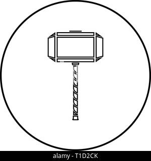 Thor's hammer Mjolnir icon outline black color vector in circle round illustration flat style simple image Stock Vector