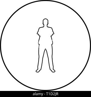 Man standing with hands crossed Dentist surgeon in medical clothes with folded hands on his chest Concept of the end of surgery operation Front view Stock Vector