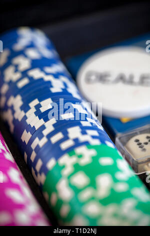 chips for poker in bag, close up Stock Photo