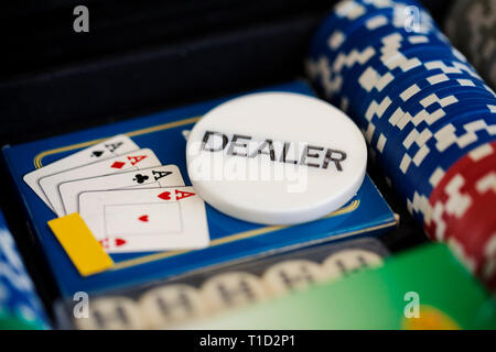 chips for poker in bag, close up Stock Photo