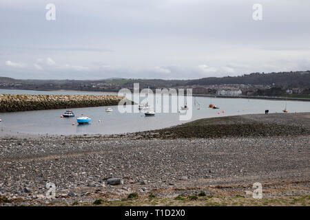 Boats and yachts at anchor in the small harbour inlet at Rhos on Sea, North Wales Stock Photo