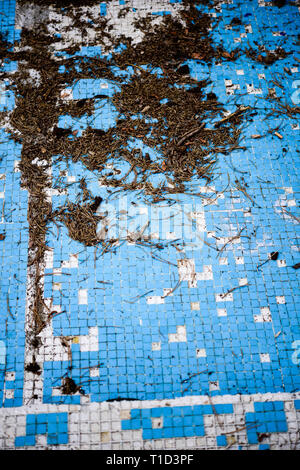 Broken blue azure  retro tiles mosaic in abandoned pool - Berengaria Hotel, Cyprus Stock Photo