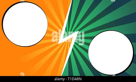 Comics yellow and green rays background with two slot of text. Vector colorful backdrop illustrations with division. Stock Vector