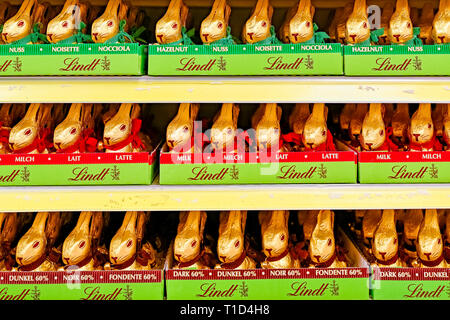 Foil wrapped Lindt Gold Bunny Chocolate Easter bunnies on store shelf