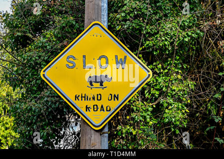 Slow Rhino on road sign, North Vancouver, British Columbia, Canada Stock Photo