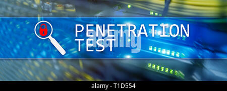 Penetration test. Cybersecurity and data protection. Hacker attack prevention. Futuristic server room on background Stock Photo