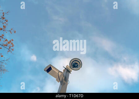 Security cameras against cloudy blue sky and tree. Looking up at security cameras on an area under video surveillance. A bullet style camera and dome  Stock Photo