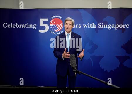 U.S. Secretary of State John Kerry talks to reporters about the 50th anniversary of Singapore after delivering a speech on U.S.-Singaporean relations 