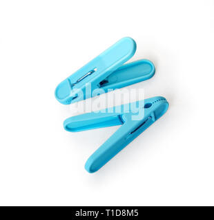 Blue plastic clothespin isolated on white background with clipping path Stock Photo