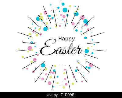 Happy easter. Festive background with rays and multicolored dots on a white background. Vector illustration Stock Vector