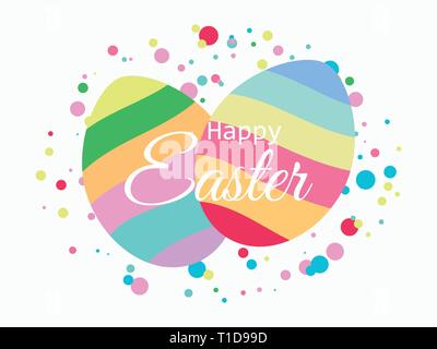 Happy Easter. Striped Easter eggs on the background of colored dots. Vector illustration Stock Vector