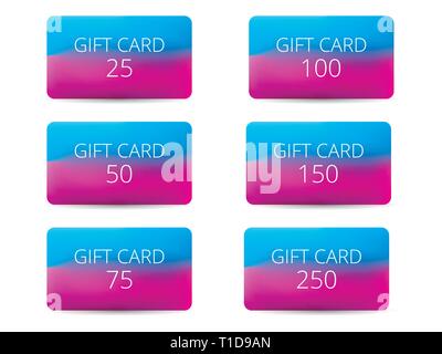 Set of gift cards with a gradient background in blue and pink. Vector illustrations Stock Vector