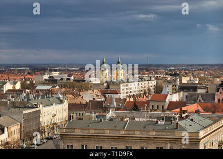 A view over the city of Debrecen, Hungary. Shot from above the main square. Stock Photo