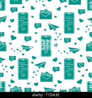 Seamless pattern with paper airplane, envelope, smartphone, sms, hearts. Birthday, Valentine's day, Mother's Day, Father's day, wedding vector romanti Stock Vector