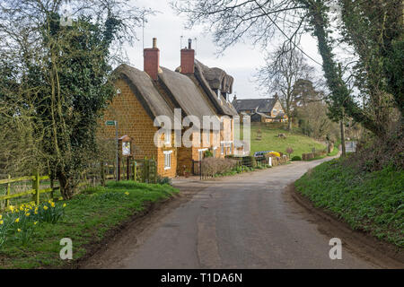 Country lane, with thatched houses to the left, passing through the rural hamlet of Upper Harlestone, Northamptonshire, UK Stock Photo