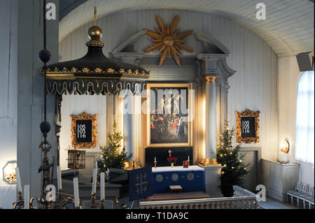 Wooden Amiralitetskyrkan (Admiralty Church) built in 1685 as a chapel listed World Heritage by UNESCO in Karlskrona, Blekinge County, Sweden. December Stock Photo