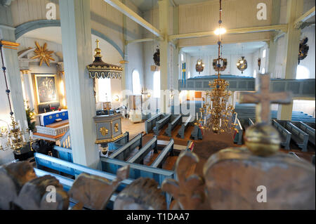 Wooden Amiralitetskyrkan (Admiralty Church) built in 1685 as a chapel listed World Heritage by UNESCO in Karlskrona, Blekinge County, Sweden. December Stock Photo