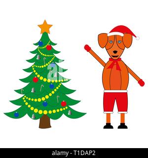 decorated christmas tree and dog symbol of the year 2018 Stock Vector