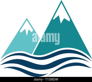Snow peaks cliff on sea icon. Stencil in blue and yellow tone. Vector illustration. Stock Vector